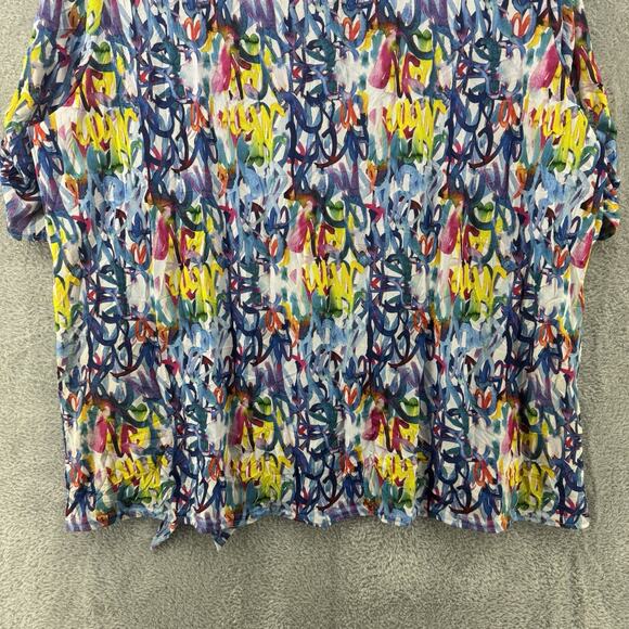 SNOSKINS Top Womens XL Blue Stretch Tie Hem V- Neck Elbow Sleeve Art to Wear - Picture 9 of 13